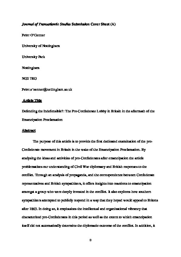 Defending the indefensible?: The pro-confederate lobby in Britain in the aftermath of the emancipation proclamation Thumbnail