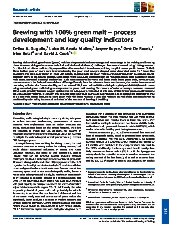 Brewing with 100% green malt – process development and key quality indicators Thumbnail