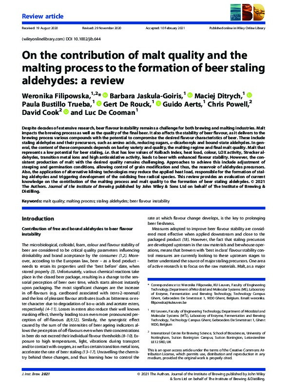 On the contribution of malt quality and the malting process to the formation of beer staling aldehydes: a review Thumbnail