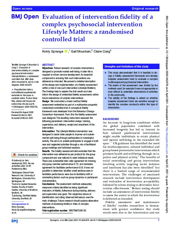 Evaluation of intervention fidelity of a complex psychosocial intervention Lifestyle Matters: a randomised controlled trial Thumbnail