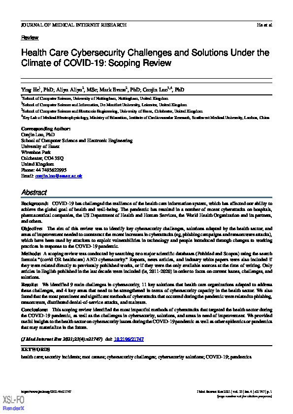 Health Care Cybersecurity Challenges and Solutions Under the Climate of COVID-19: Scoping Review Thumbnail