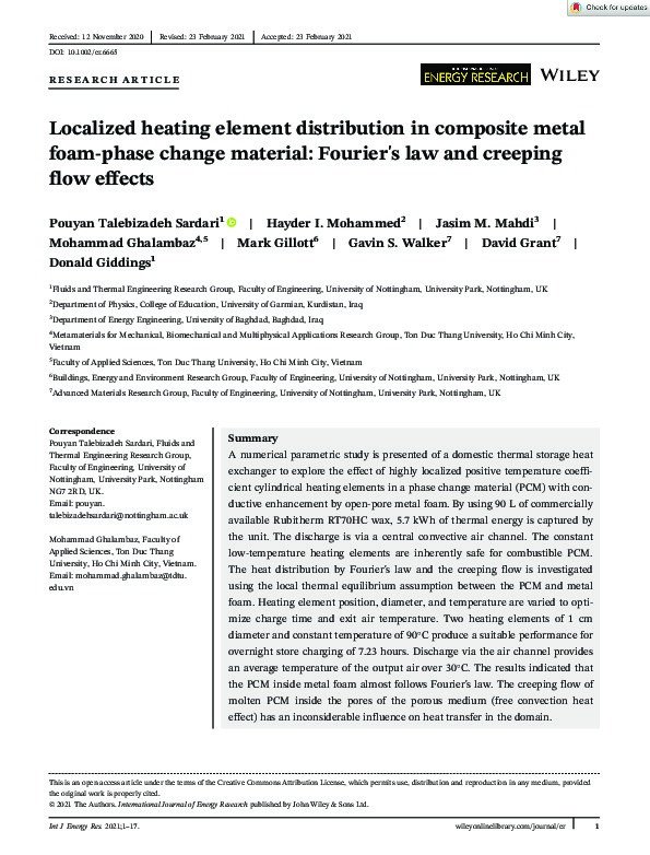 Localized heating element distribution in composite metal foam-phase change material: Fourier's law and creeping flow effects Thumbnail