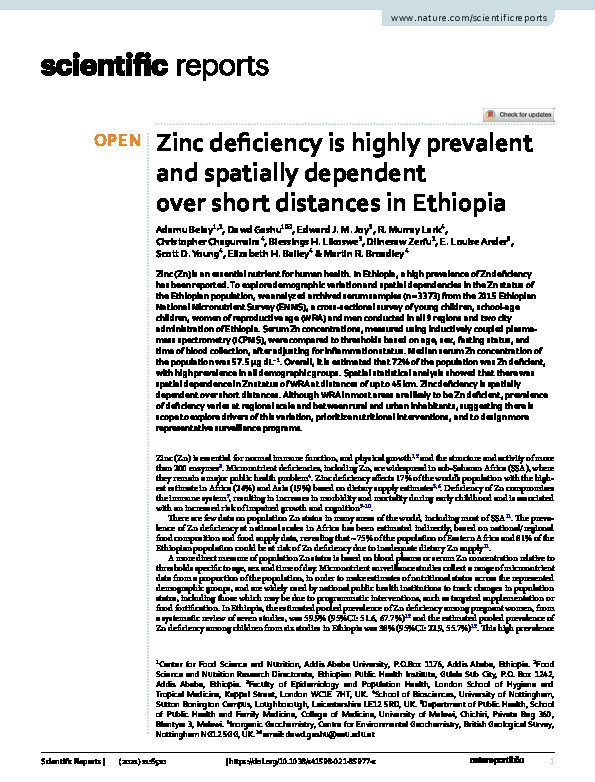 Zinc deficiency is highly prevalent and spatially dependent over short distances in Ethiopia Thumbnail