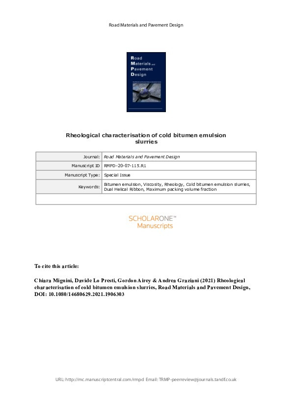 Rheological characterisation of cold bitumen emulsion slurries Thumbnail