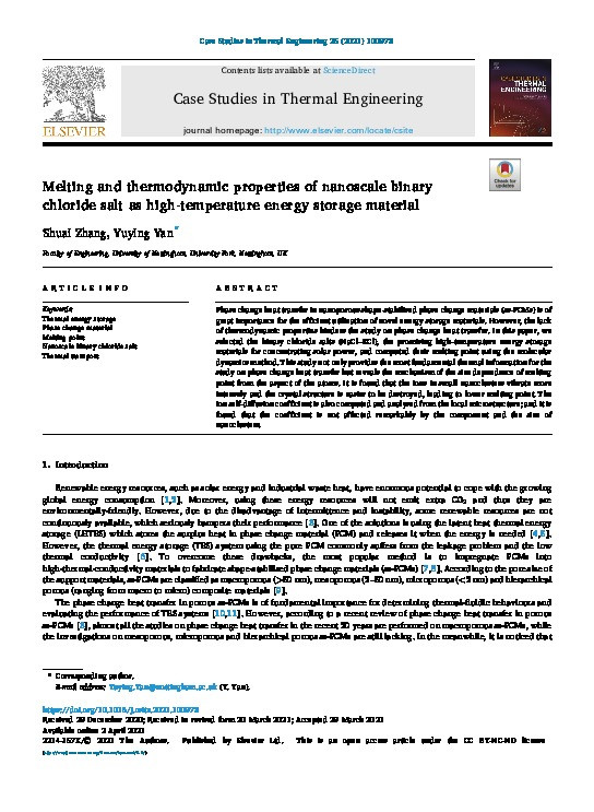 Melting and thermodynamic properties of nanoscale binary chloride salt as high-temperature energy storage material Thumbnail