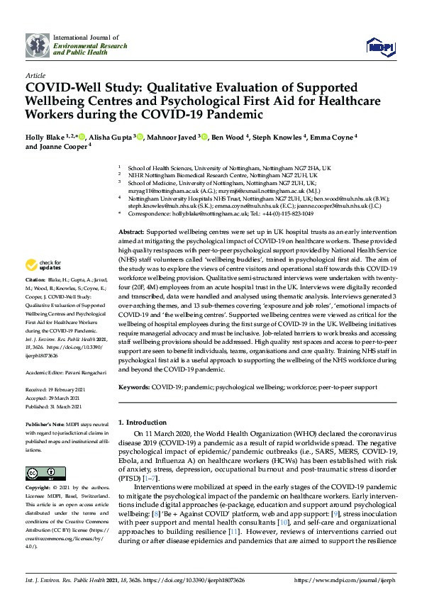 Covid-well study: Qualitative evaluation of supported wellbeing centres and psychological first aid for healthcare workers during the covid-19 pandemic Thumbnail