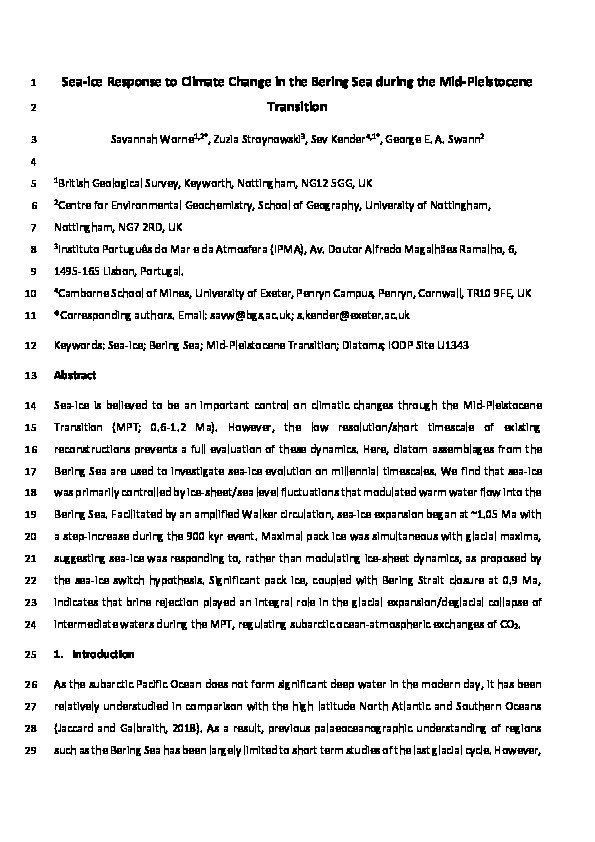 Sea-ice response to climate change in the Bering Sea during the Mid-Pleistocene Transition Thumbnail
