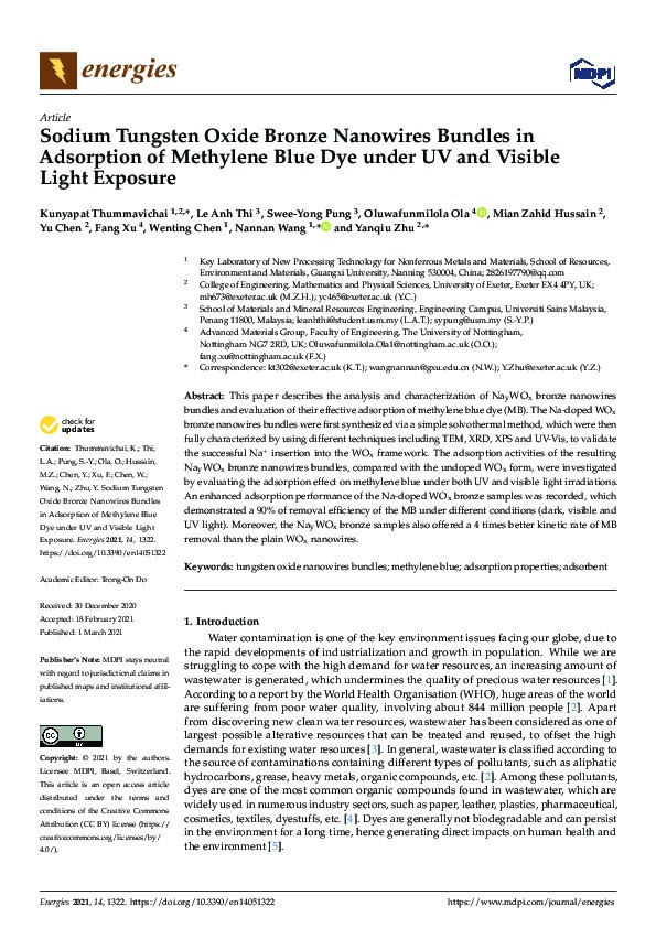 Sodium Tungsten Oxide Bronze Nanowires Bundles in Adsorption of Methylene Blue Dye under UV and Visible Light Exposure Thumbnail