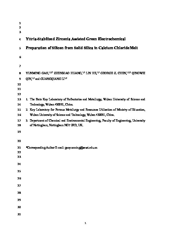 Yttria-Stabilized Zirconia Assisted Green Electrochemical Preparation of Silicon from Solid Silica in Calcium Chloride Melt Thumbnail