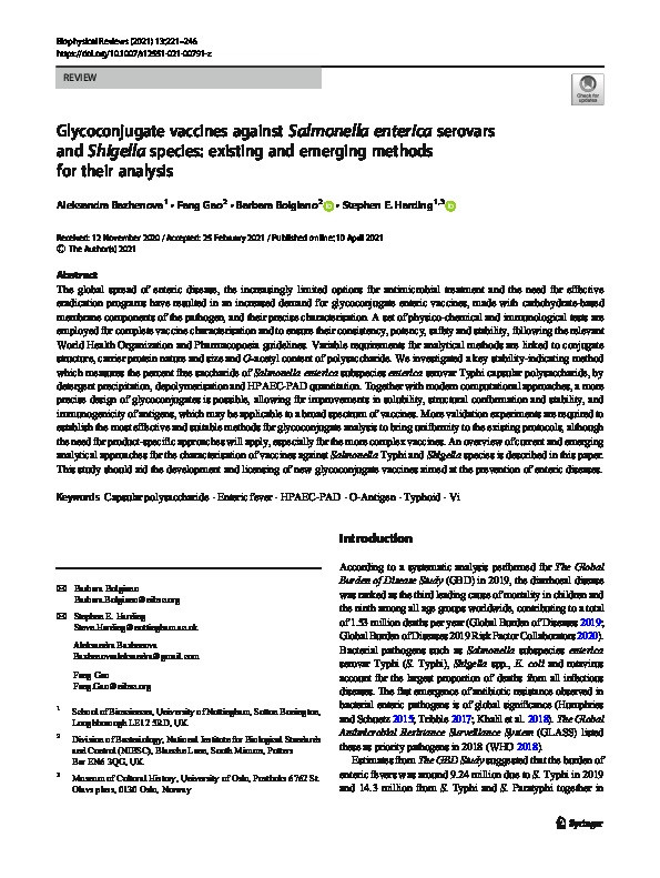 Glycoconjugate vaccines against Salmonella enterica serovars and Shigella species: existing and emerging methods for their analysis Thumbnail