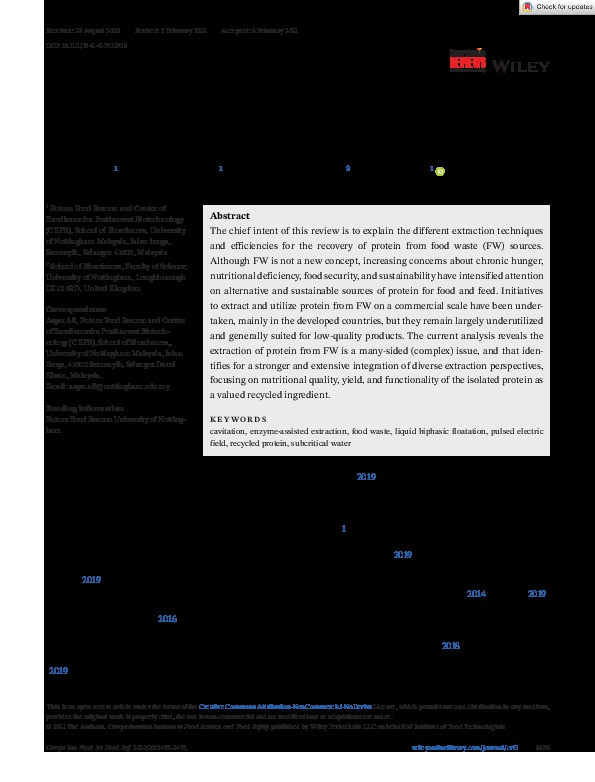 Extraction of protein from food waste: An overview of current status and opportunities Thumbnail