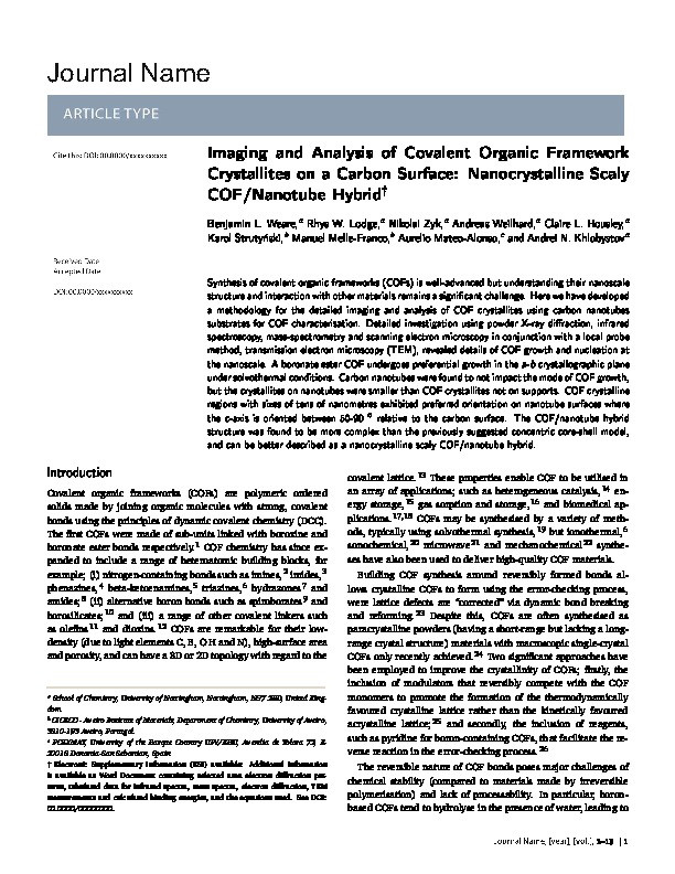 Imaging and analysis of covalent organic framework crystallites on a carbon surface: a nanocrystalline scaly COF/nanotube hybrid Thumbnail