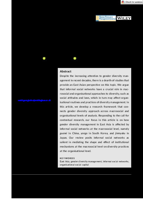 The interaction between gender and informal social networks: An East Asian perspective: Gender diversity management in East Asia Thumbnail