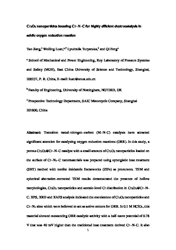 Cr2O3 nanoparticles boosting Cr–N–C for highly efficient electrocatalysis in acidic oxygen reduction reaction Thumbnail