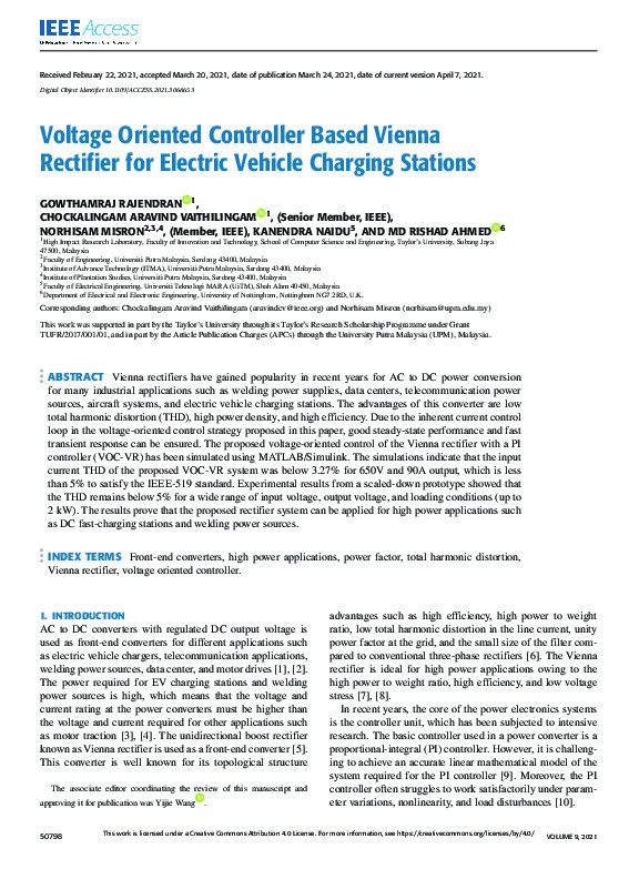 Voltage Oriented Controller based Vienna Rectifier for Electric Vehicle Charging Stations Thumbnail