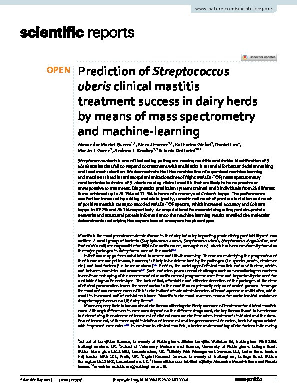 Prediction of Streptococcus uberis clinical mastitis treatment success in dairy herds by means of mass spectrometry and machine-learning Thumbnail