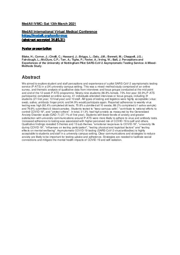Perceptions and Experiences of the University of Nottingham Pilot SARS-CoV-2 Asymptomatic Testing Service: A Mixed-Methods Study Thumbnail