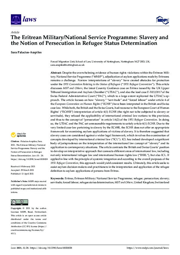 The Eritrean Military/National Service Programme: Slavery and the notion of persecution in refugee status determination Thumbnail