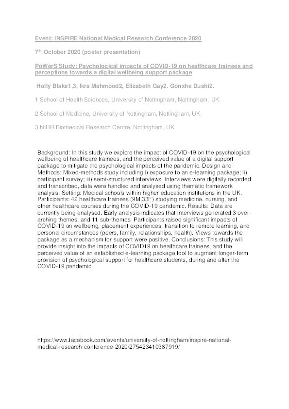 PoWerS Study: Psychological impacts of COVID-19 on healthcare trainees and perceptions towards a digital wellbeing support package Thumbnail