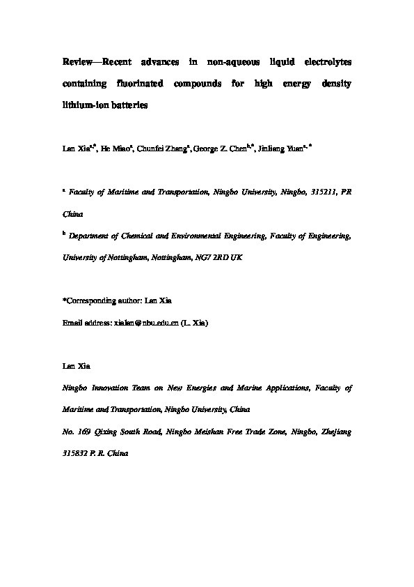 Review—recent advances in non-aqueous liquid electrolytes containing fluorinated compounds for high energy density lithium-ion batteries Thumbnail