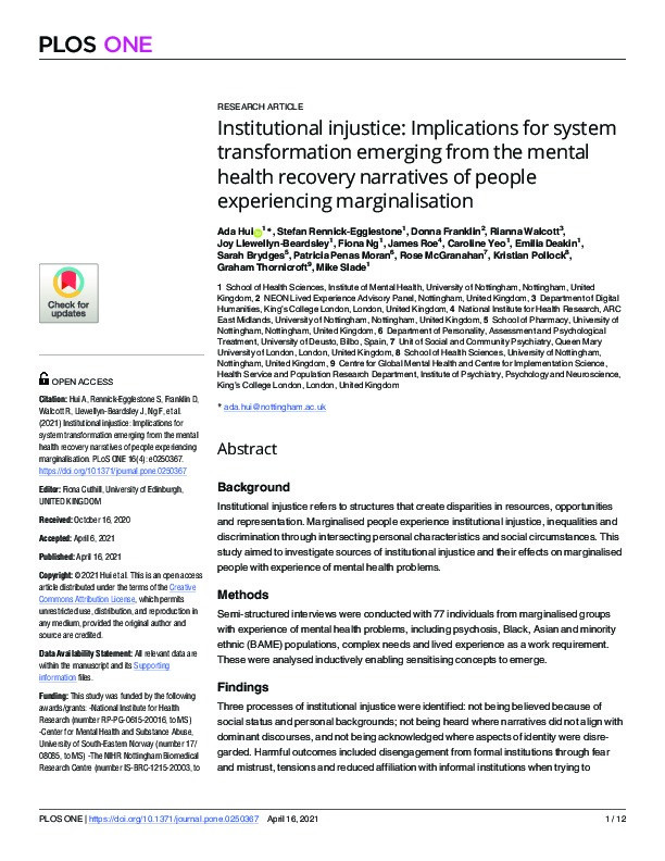 Institutional injustice: Implications for system transformation emerging from the mental health recovery narratives of people experiencing marginalisation Thumbnail