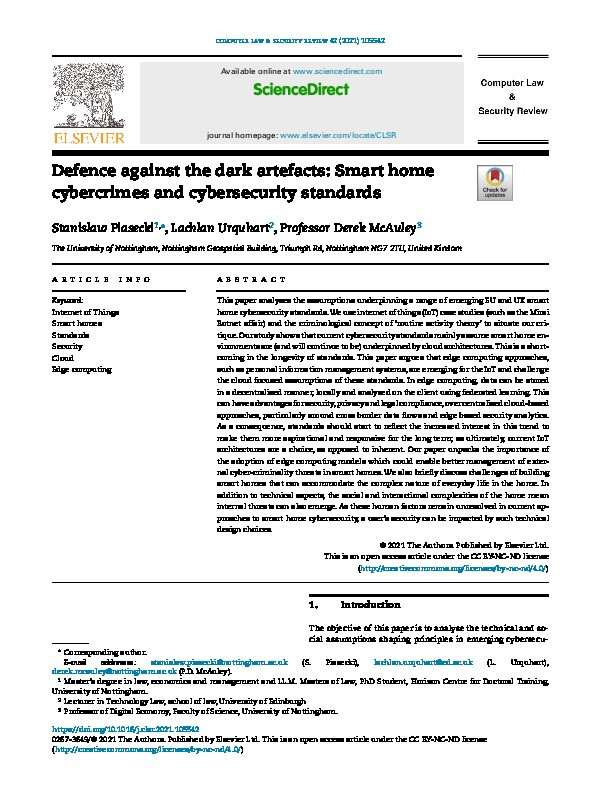 Defence against the dark artefacts: Smart home cybercrimes and cybersecurity standards Thumbnail