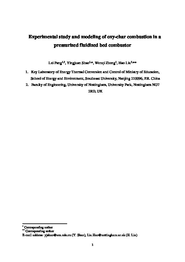 Experimental study and modeling of oxy-char combustion in a pressurized fluidized bed combustor Thumbnail