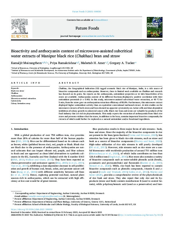 Bioactivity and anthocyanin content of microwave-assisted subcritical water extracts of Manipur black rice (Chakhao) bran and straw Thumbnail