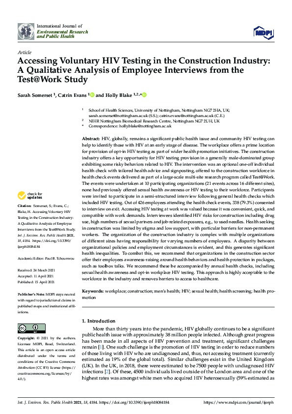 Accessing Voluntary HIV Testing in the Construction Industry: A Qualitative Analysis of Employee Interviews from the Test@Work Study Thumbnail