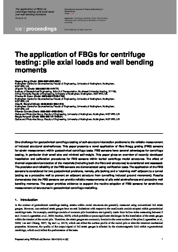 Centrifuge application of fibre Bragg gratings: pile axial loads and wall bending moments Thumbnail