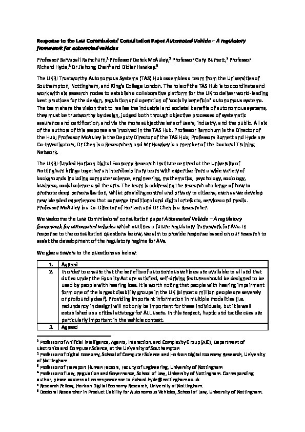 Response to the Law Commissions’ Consultation Paper Automated Vehicle – A regulatory framework for automated vehicles Thumbnail