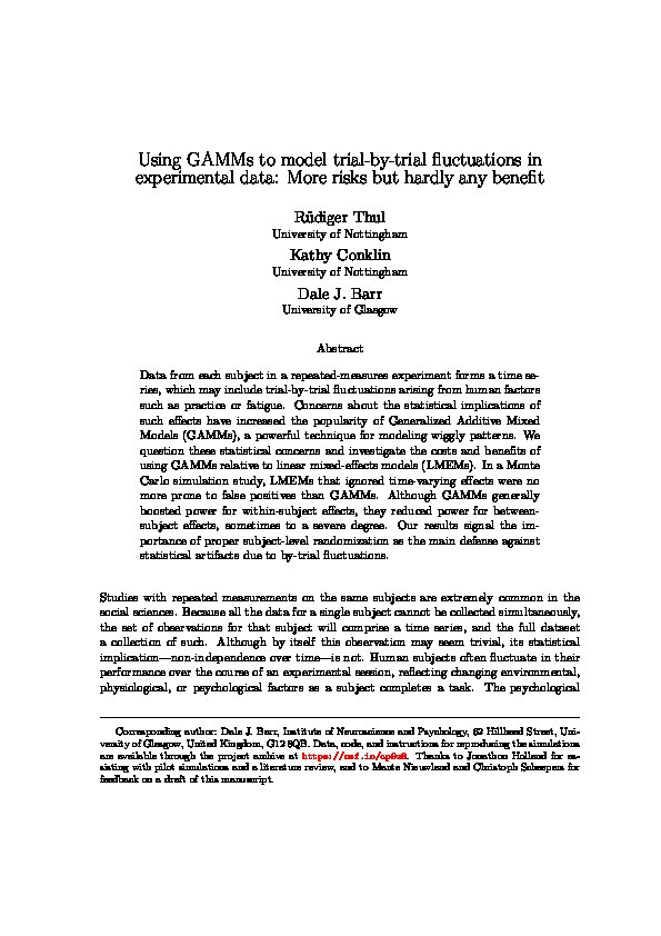 Using GAMMs to model trial-by-trial fluctuations in experimental data: More risks but hardly any benefit Thumbnail