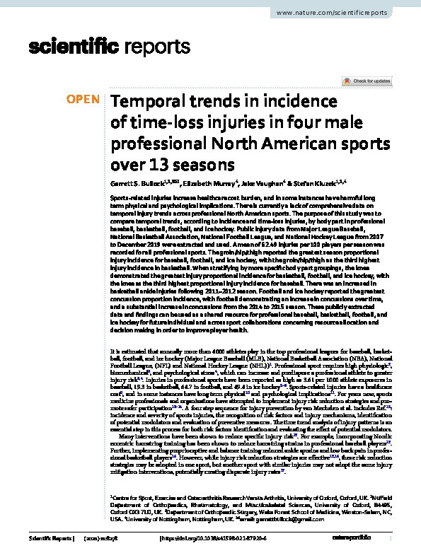 Temporal trends in incidence of time-loss injuries in four male professional North American sports over 13 seasons Thumbnail