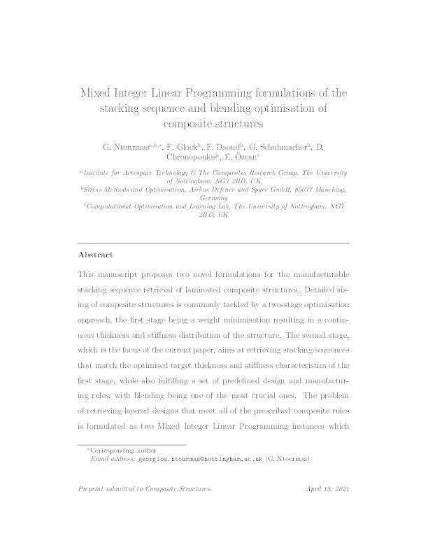 Mixed Integer Linear Programming formulations of the stacking sequence and blending optimisation of composite structures Thumbnail