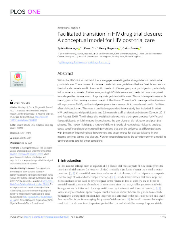 Facilitated transition in HIV drug trial closure: A conceptual model for HIV post-trial care Thumbnail