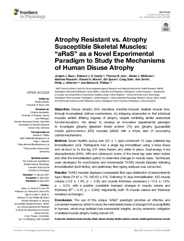 Atrophy Resistant vs. Atrophy Susceptible skeletal muscles: “aRaS” as a novel experimental paradigm to study the mechanisms of human disuse atrophy Thumbnail