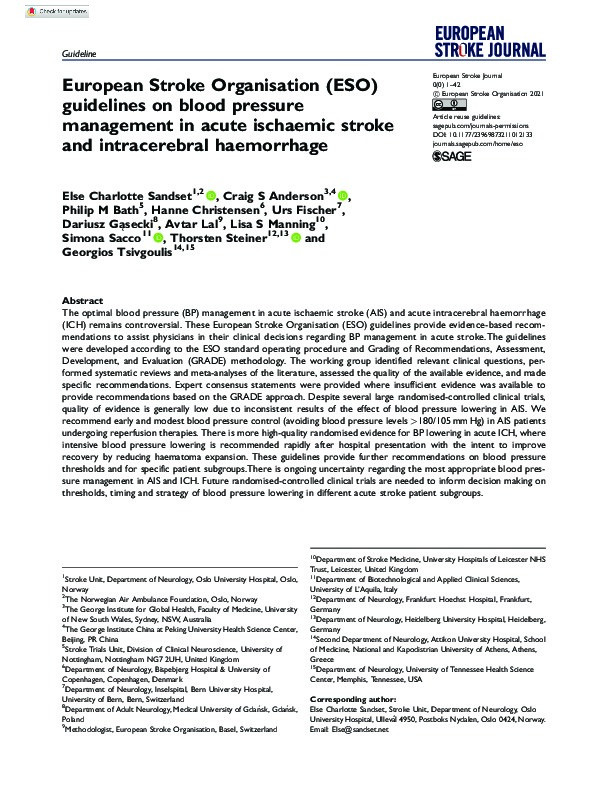 European Stroke Organisation (ESO) guidelines on blood pressure management in acute ischaemic stroke and intracerebral haemorrhage Thumbnail