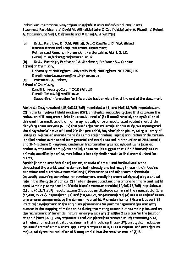 Iridoid Sex Pheromone Biosynthesis in Aphids Mimics Iridoid?Producing Plants Thumbnail