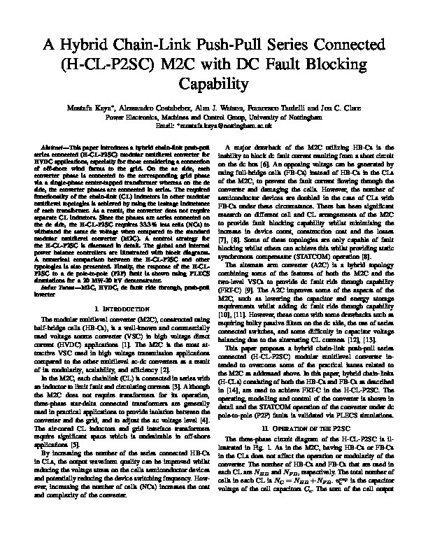 A hybrid chain-link push-pull series connected (H-CL-P2SC) M2C with DC fault blocking capability Thumbnail