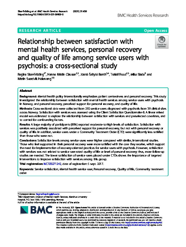 Relationship between satisfaction with mental health services, personal recovery and quality of life among service users with psychosis: a cross-sectional study Thumbnail