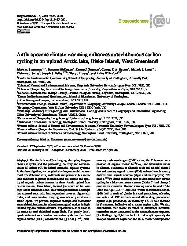 Anthropocene climate warming enhances autochthonous carbon cycling in an upland Arctic lake, Disko Island, West Greenland Thumbnail