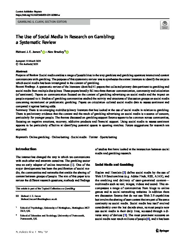 The Use of Social Media in Research on Gambling: a Systematic Review Thumbnail