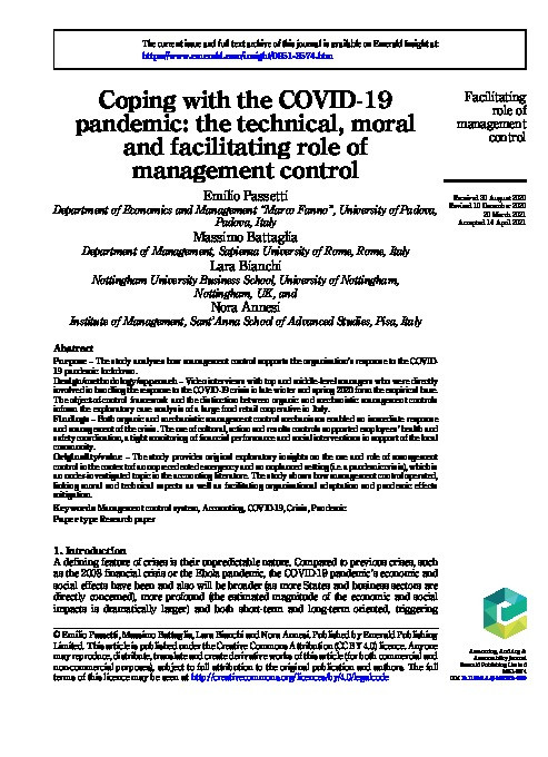 Coping with the COVID-19 pandemic: the technical, moral and facilitating role of management control Thumbnail