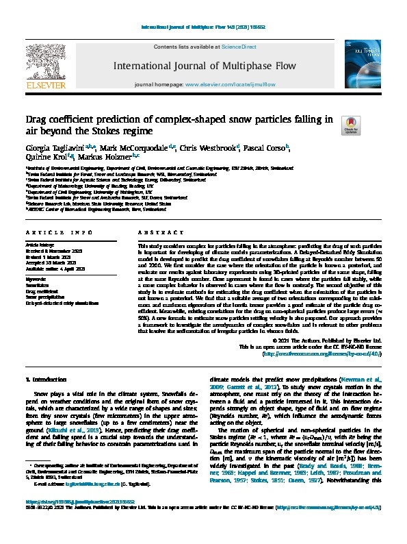 Drag coefficient prediction of complex-shaped snow particles falling in air beyond the Stokes regime Thumbnail