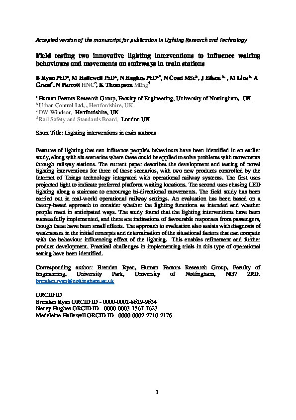 Field testing two innovative lighting interventions to influence waiting behaviours and movements on stairways in train stations Thumbnail