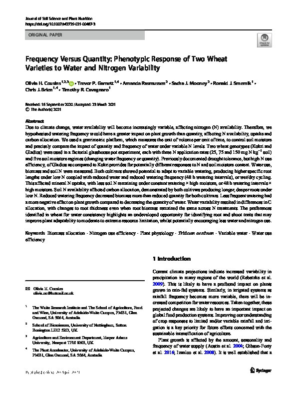 Frequency Versus Quantity: Phenotypic Response of Two Wheat Varieties to Water and Nitrogen Variability Thumbnail