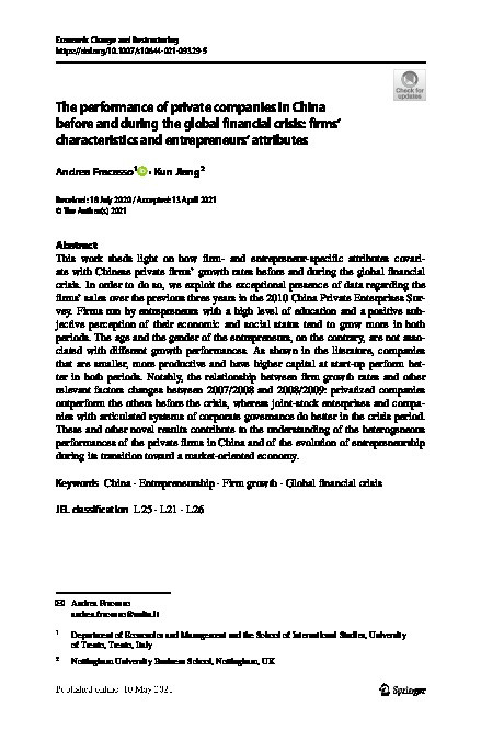 The performance of private companies in China before and during the global financial crisis: firms’ characteristics and entrepreneurs’ attributes Thumbnail