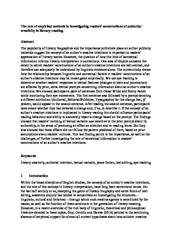 The role of empirical methods in investigating readers’ constructions of authorial creativity in literary reading Thumbnail