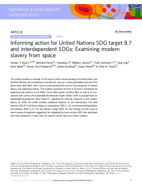 Informing action for United Nations SDG target 8.7 and interdependent SDGs: Examining modern slavery from space Thumbnail
