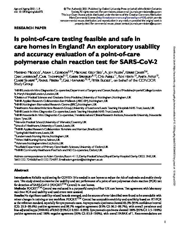 Is point-of-care testing feasible and safe in care homes in England? An exploratory usability and accuracy evaluation of a point-of-care polymerase chain reaction test for SARS-CoV-2 Thumbnail